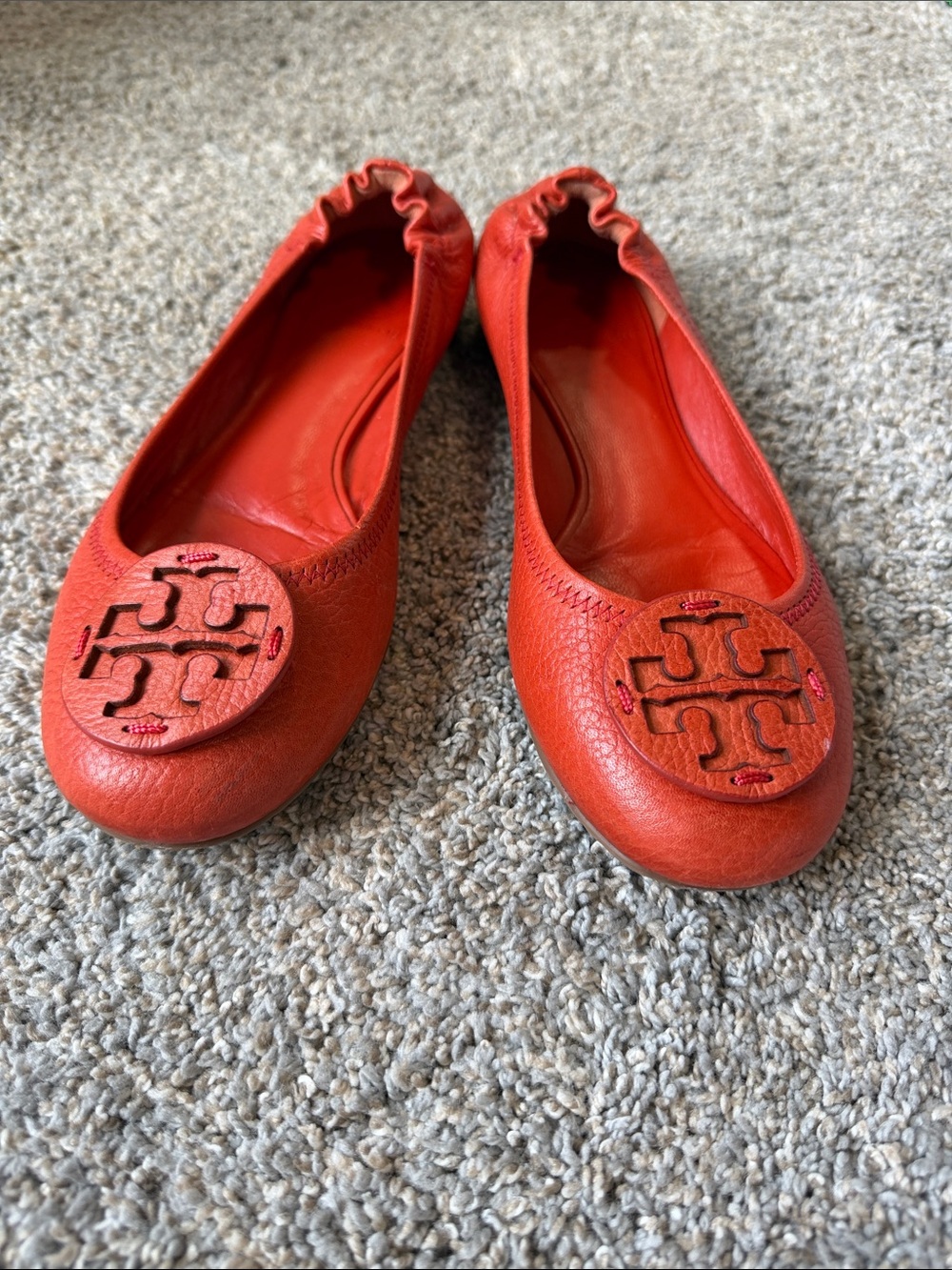 Tory Burch Bright Orange Leather Logo Ballet Flats